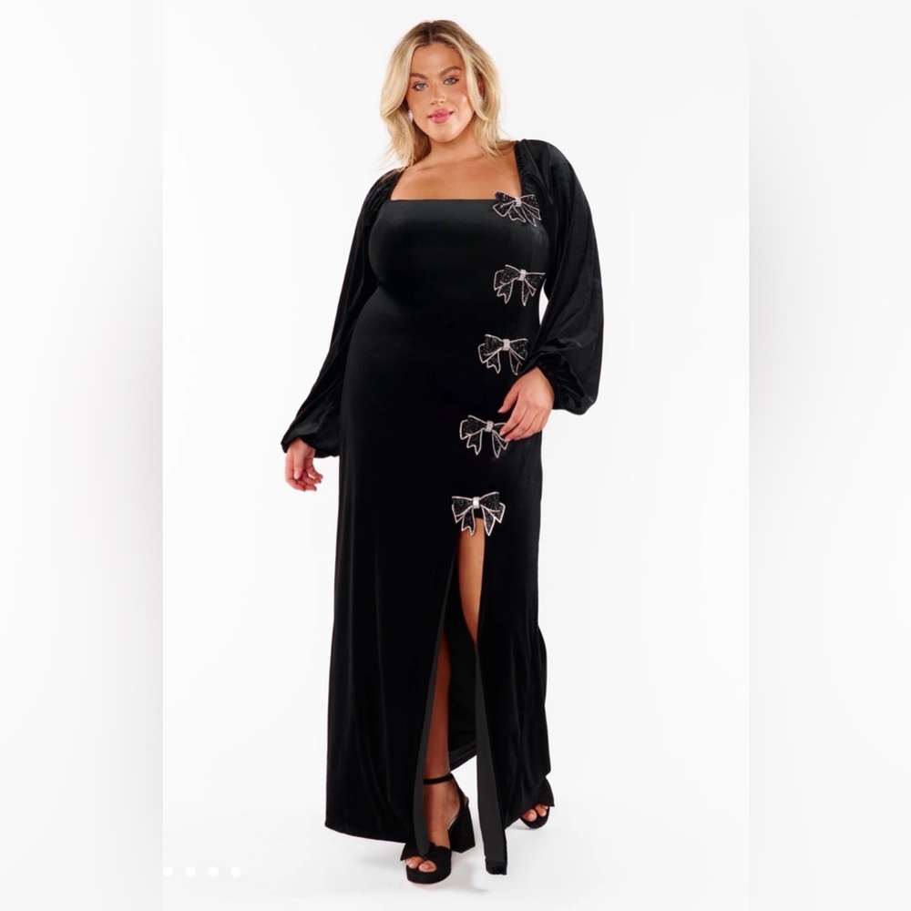 Show Me Your MuMu Velvet Bow Rhinestone Black Dress